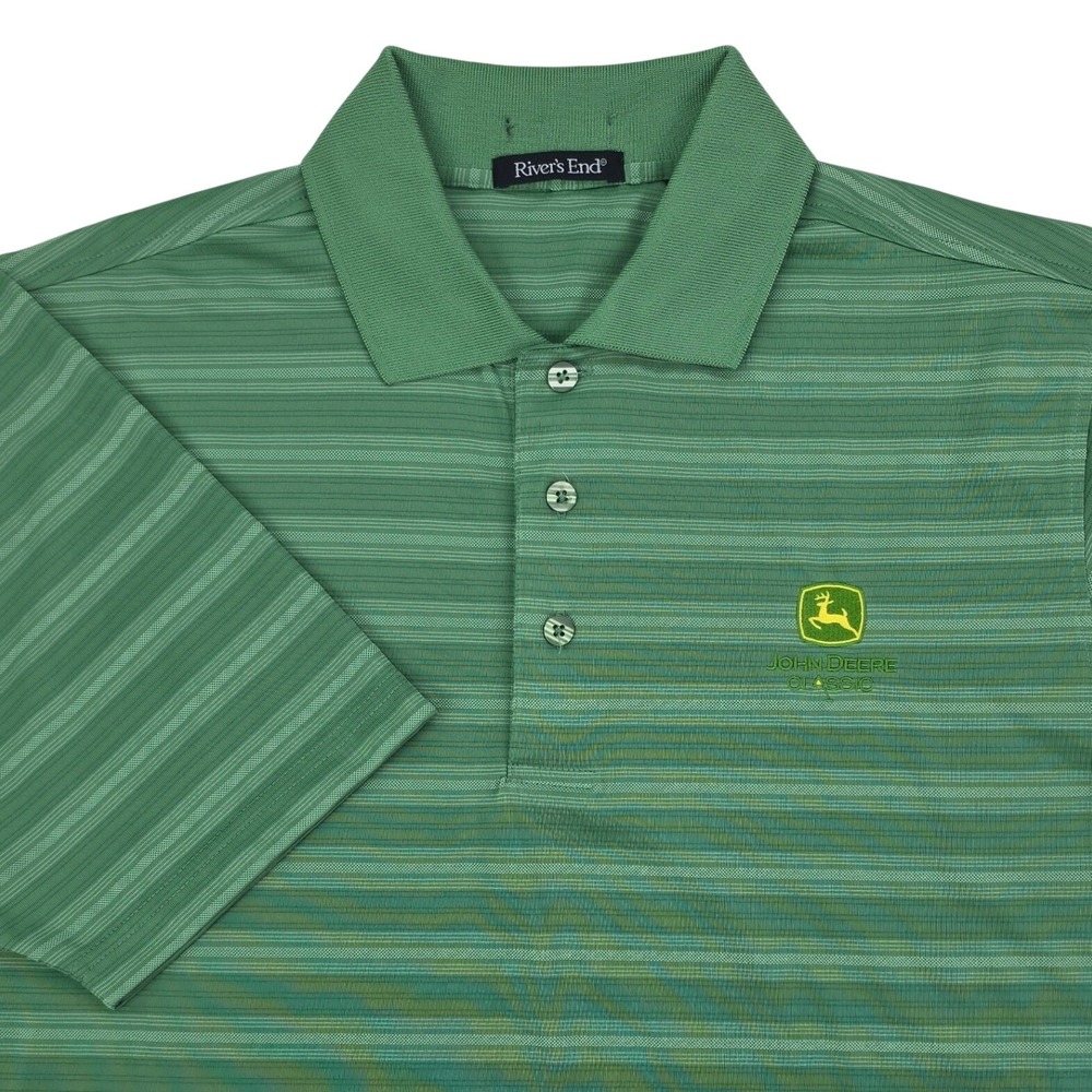 River's End John Deere Classic Polo Mens Medium Green Striped Golf Shirt Logo